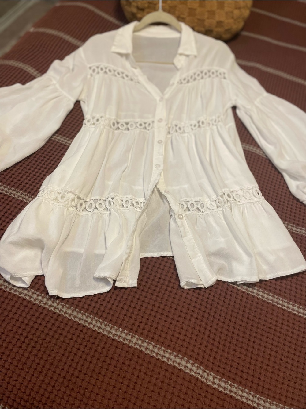 White Lace-Trim Button-Front Women's Top